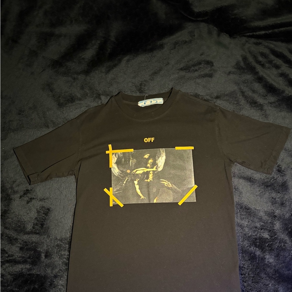 Off-White Black Short Sleeve Tee with Abstract Design